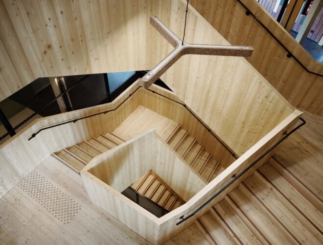 aerial view of spiraling wood staircase