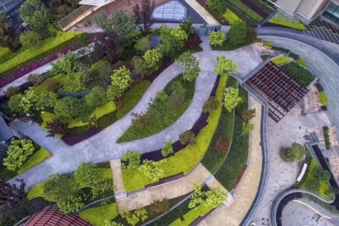 aerial view of walkways and trees on a building