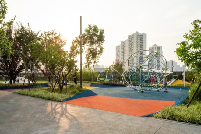 playground with views of a city in background