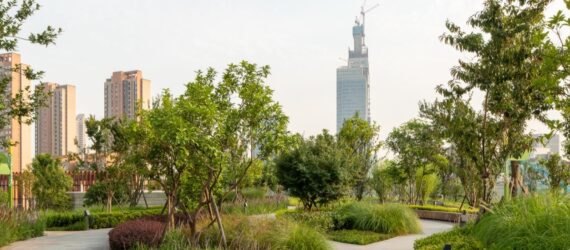 walkways and greenery with cityscape in background