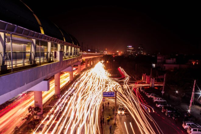 blurred lights of traffic in New Delhi at night