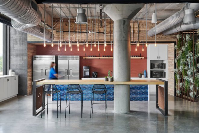 blue and red office kitchen