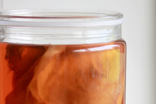 homemade kombucha in glass jar