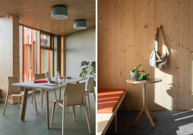 On the left, study tables in a neutral-colored room. On the right, bag hanging on a hook in a dorm room.