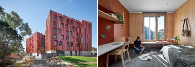 tall wooden apartment building clad in red CLT and a red and wood dorm room interior
