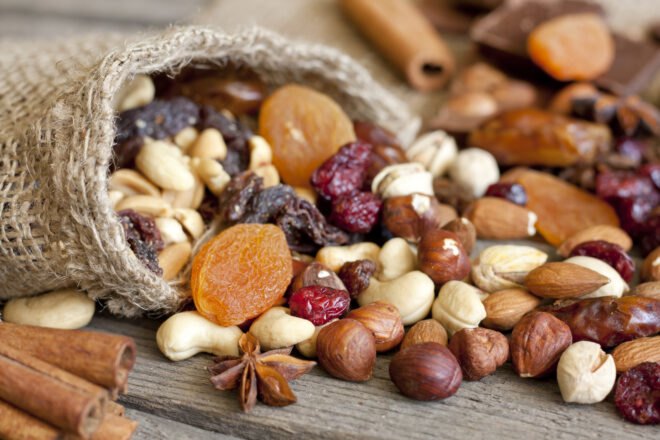 homemade trail mix in a burlap bag