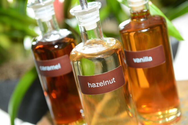 homemade coffee syrups in glass bottles