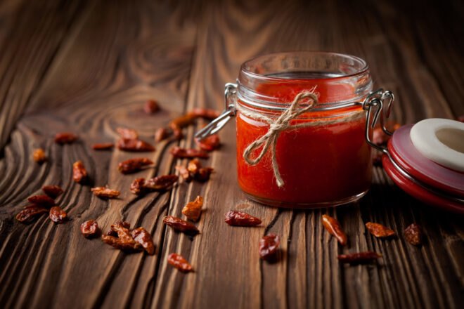 homemade hot sauce in glass jar next to pile of dried chilies