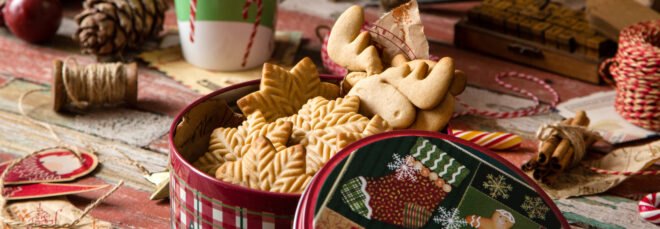 sugar cookies inside a Christmas tin