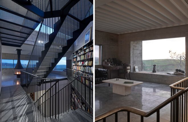 Living area with floor-to-ceiling bookshelves and massive windows
