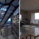 Living area with floor-to-ceiling bookshelves and massive windows