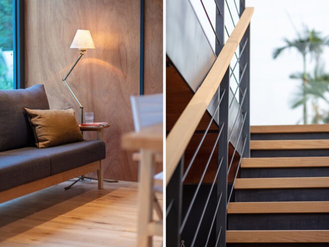 the photo to the left showcases a sofa against a floor-to-ceiling window with a sofa next to it and a lamp. the photo to the right is a set of stairs leading up to a second floor