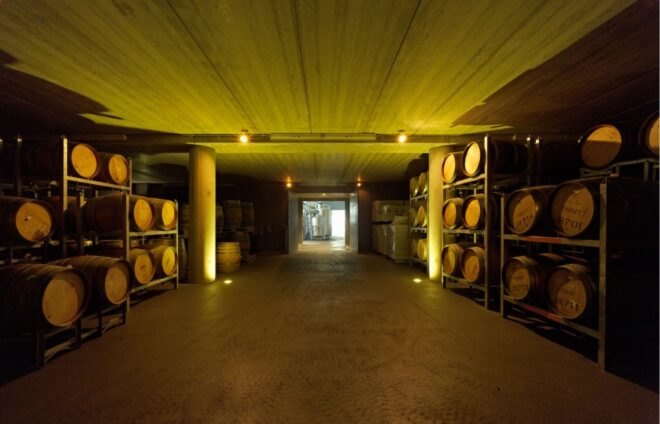a yellow-tinted photo of a basement with wood barrels on either side