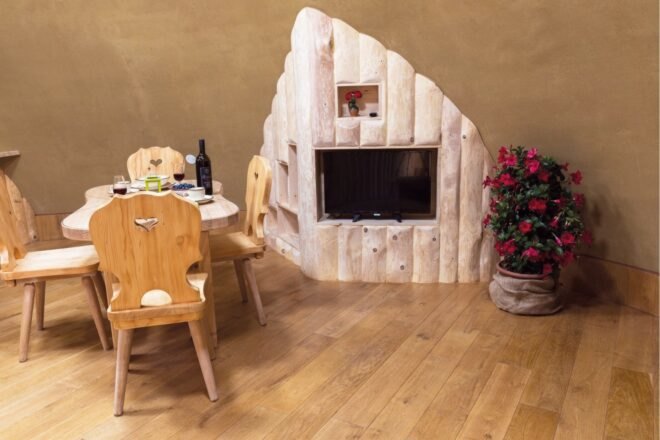 dining table in front of chimney