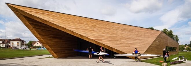 timber building with angular roof