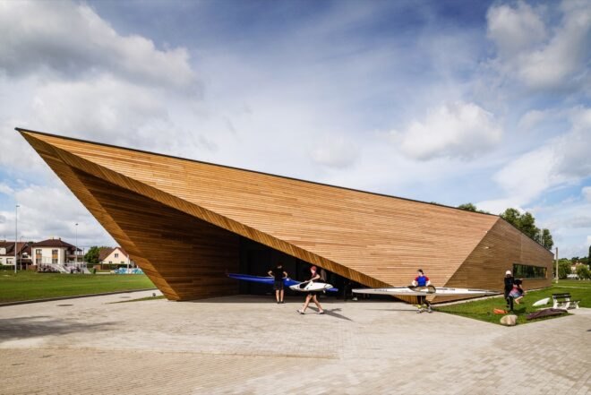 timber building with angular roof