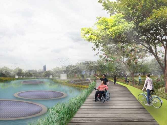 rendering of families on a bike path near a pond