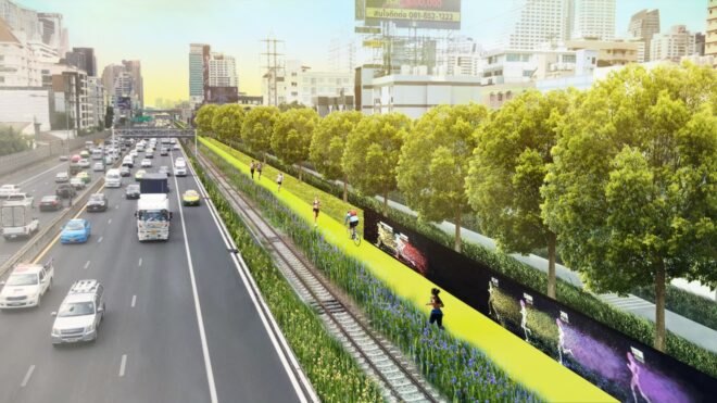 rendering of people running and riding bikes on green space separated from major highway