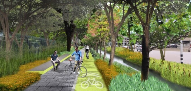 rendering of bike path surrounded by trees