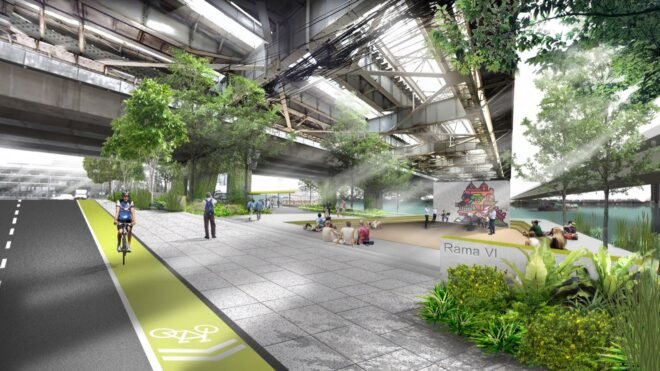 rendering of park space under highway ramps