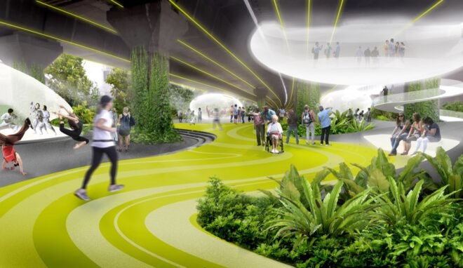 rendering of bright green walking path