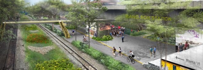 rendering of small market near a bus station