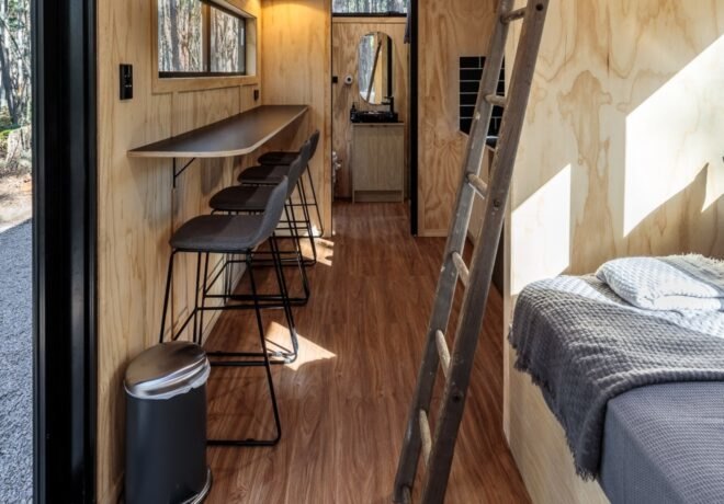tiny home with bar seats near narrow table