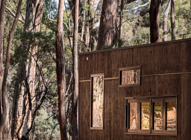 dark tiny cabin with large window