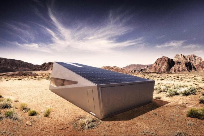 solar panels on gray, angular garage building