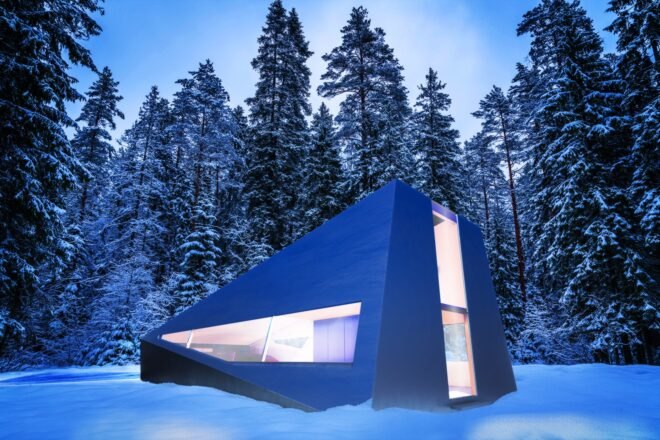 rendering of gray angular garage in snowy forest