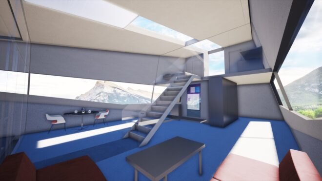 rendering of living room with red couches, small dining set and stairs leading to a loft