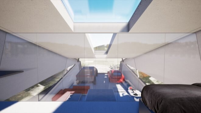 rendering of lofted bedroom above living room next to two parked electric cars