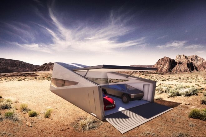 rendering of Tesla Cybertruck and red car in an angular garage