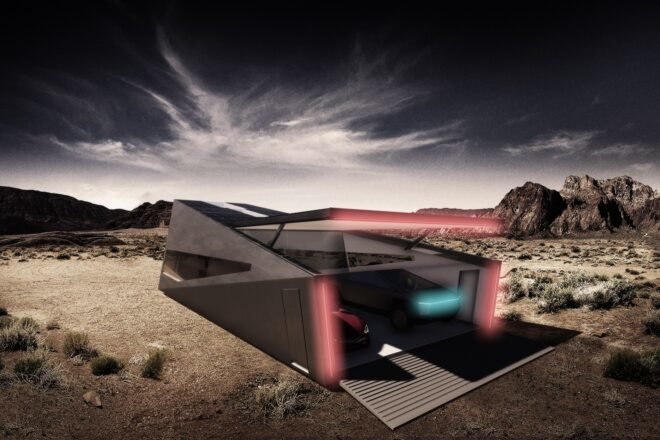 rendering of Tesla Cybertruck and red car in an angular garage lit with red LED lights