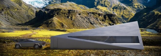 rendering of gray angular garage on green, mountainous landscape