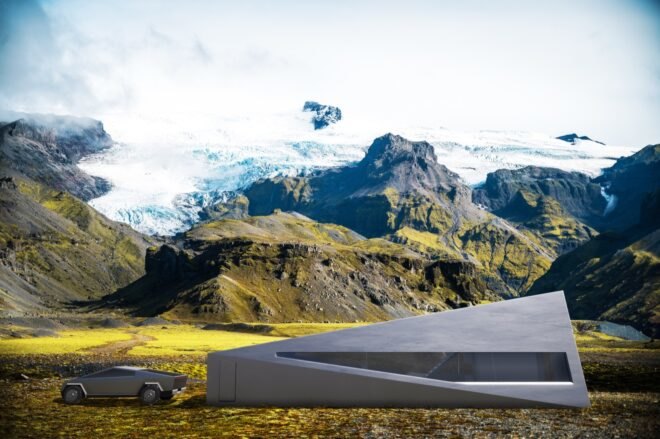 rendering of gray angular garage on green, mountainous landscape