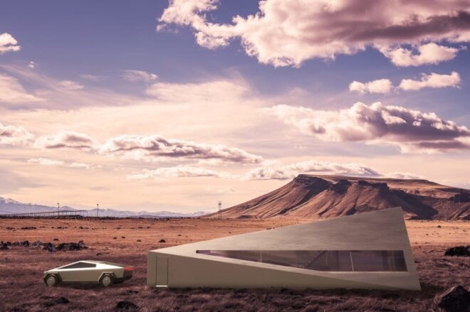 rendering of Tesla Cybertruck parked beside angular garage in dessert landscape