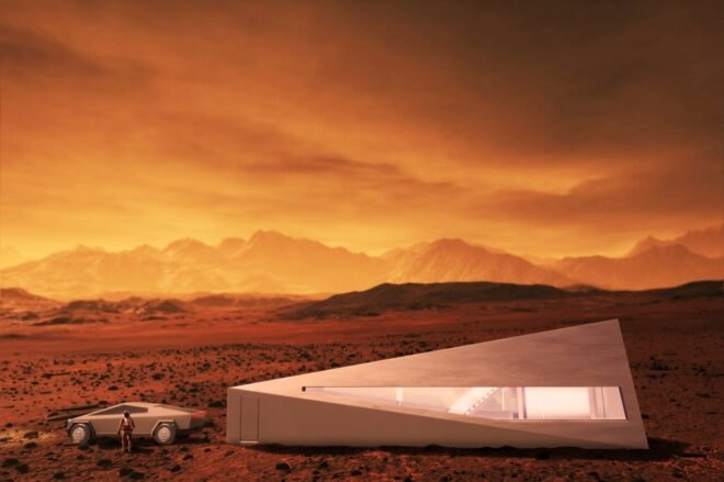 rendering of Tesla Cybertruck parked next to angular garage on desert landscape with orange skies