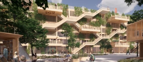 rendering of timber parking garage covered in plants