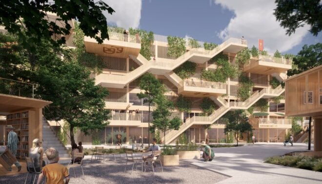 rendering of timber parking garage covered in plants