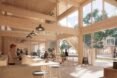 rendering of light wood-lined cafe space