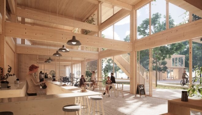 rendering of light wood-lined cafe space