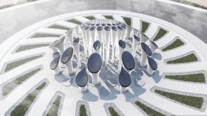 round and tear-drop shaped columns topped with solar panels