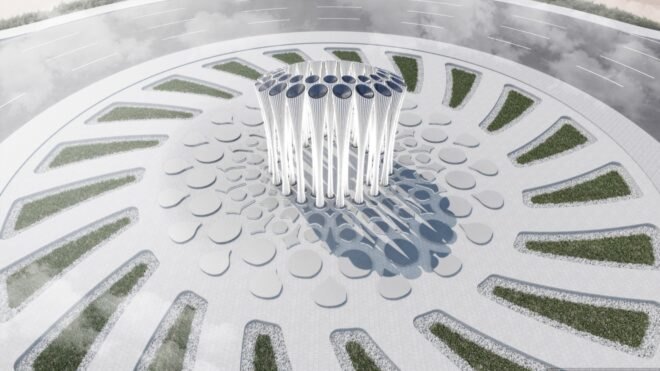 tall white columns topped with solar panels
