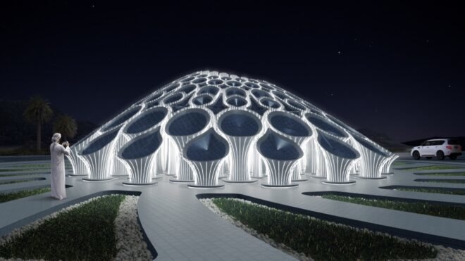 white pavilion glowing at night
