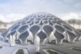 rendering of person walking toward pavilion made of 3D-printed columns
