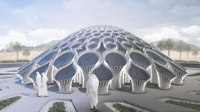 rendering of person walking toward pavilion made of 3D-printed columns