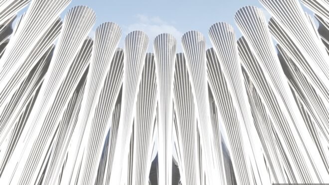 several white, 3D-printed columns
