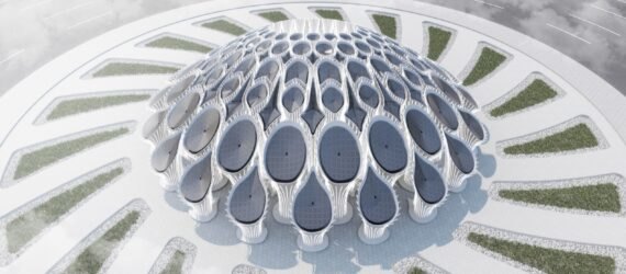 aerial rendering of pavilion made of rounded columns