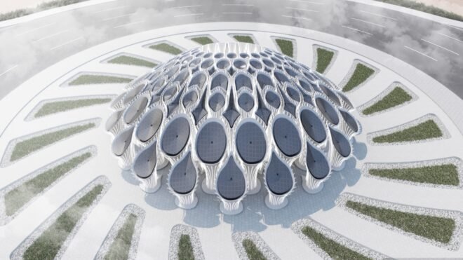 aerial rendering of pavilion made of rounded columns